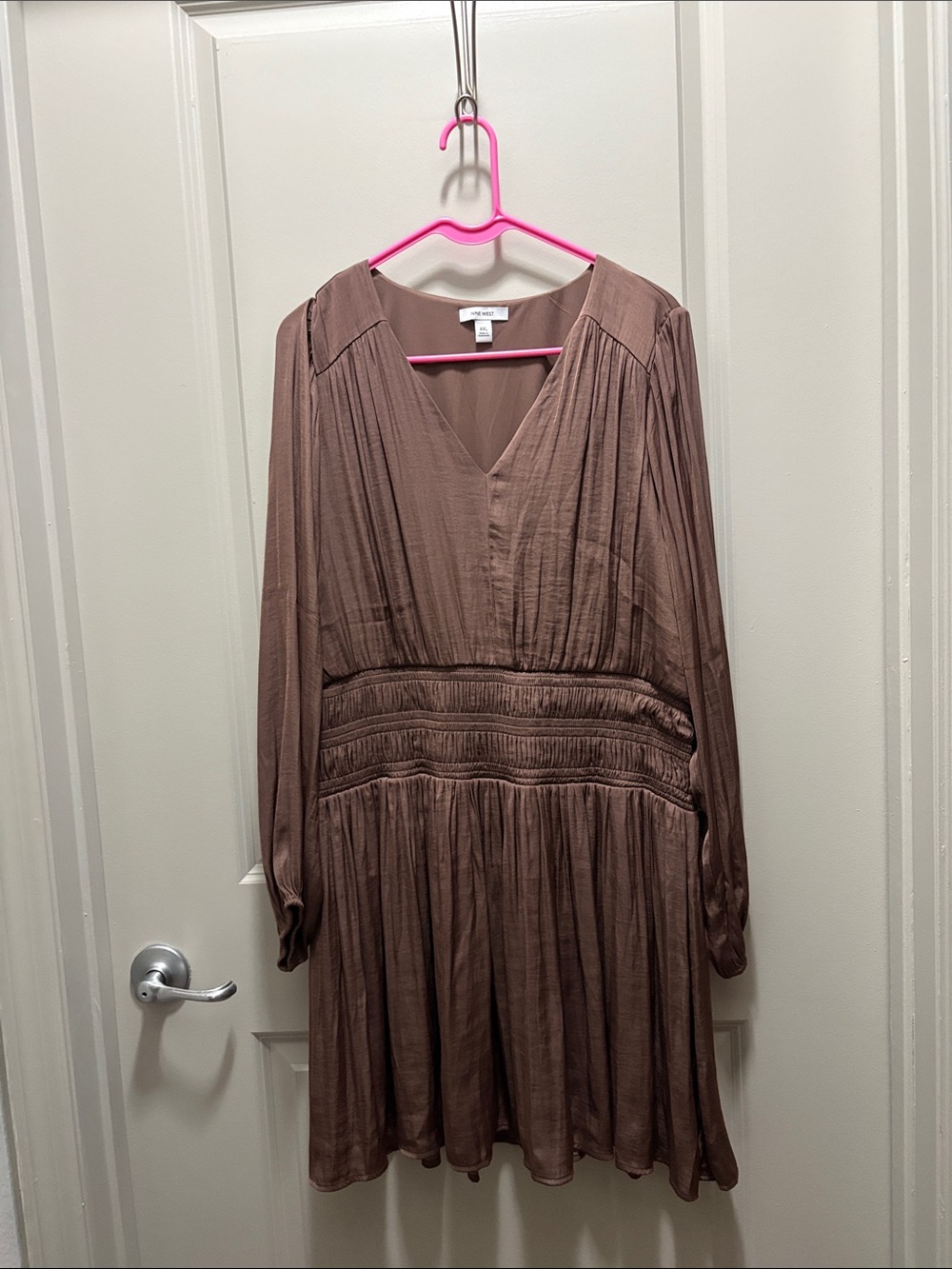 Nine West Brown Long Sleeve V-Neck Smocked Waist Dress